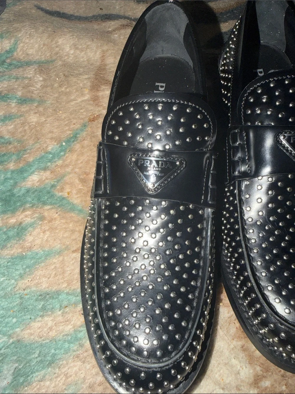 Prada Black Studded Leather Slip-On Loafers